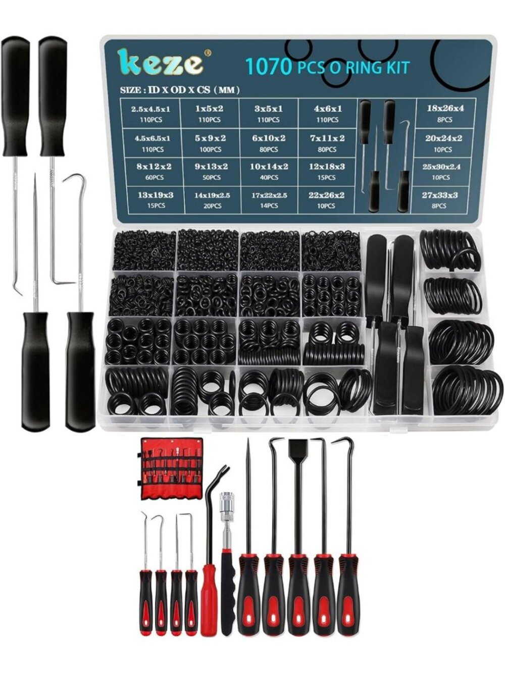 Universal Rubber O-Ring Assortment Kit - 1070 Pcs with Precision Pick & Hook Set